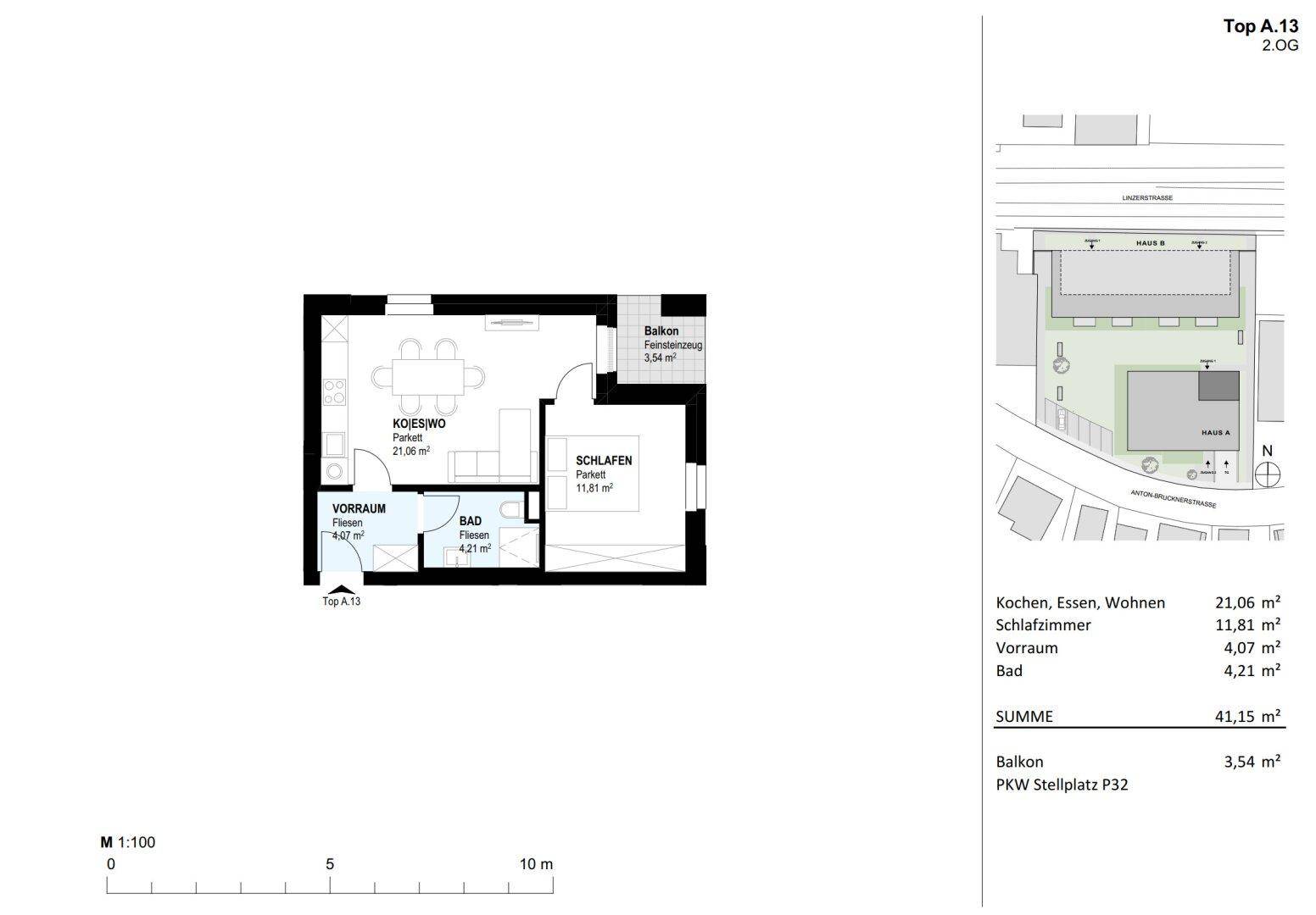 Grundriss der Wohnung Top A.13 mit offenem Wohnbereich, Schlafzimmer und Balkonzugang.