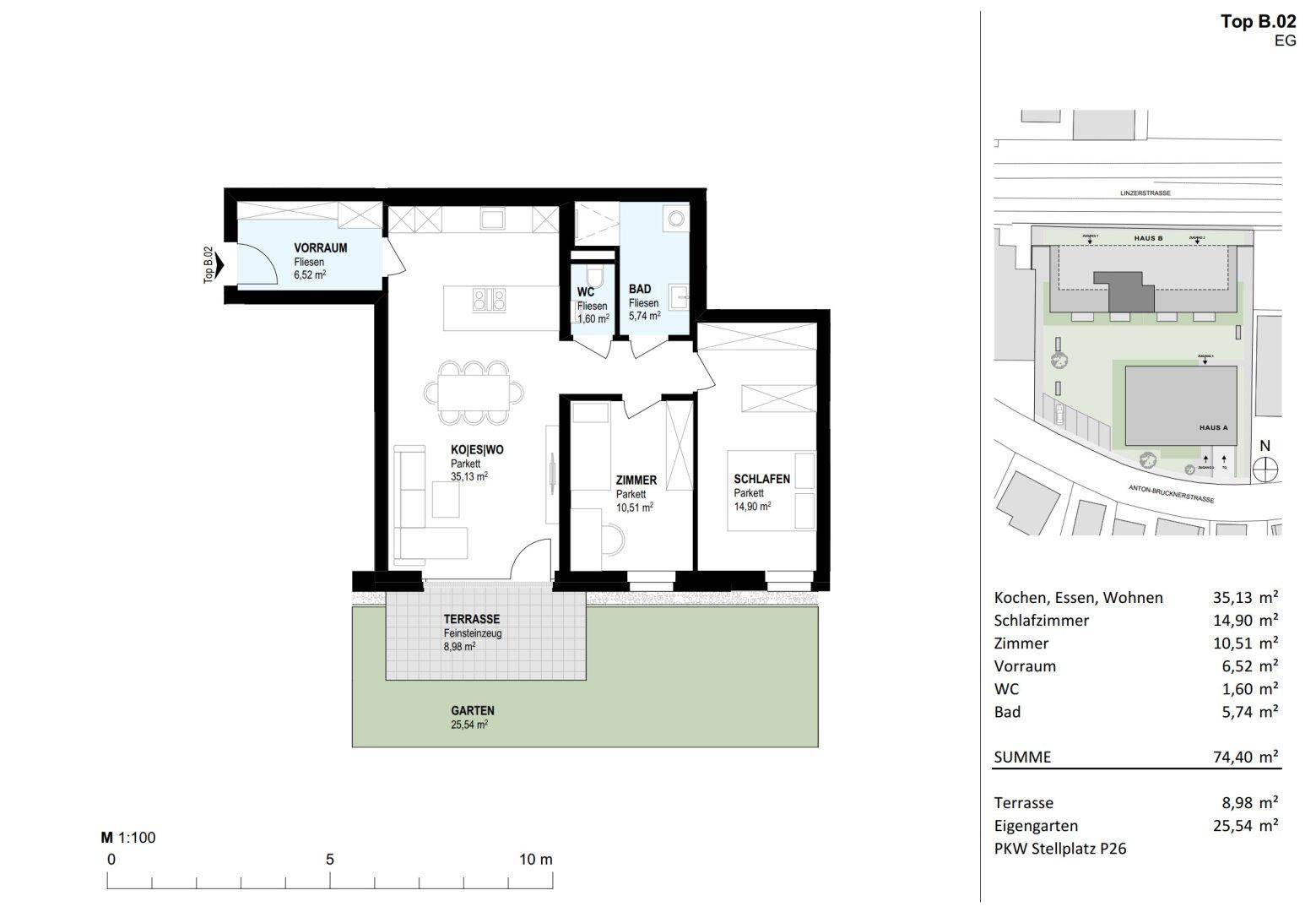 Grundriss für Top B.02 im Erdgeschoss mit offenem Wohnbereich, Terrasse und Garten.