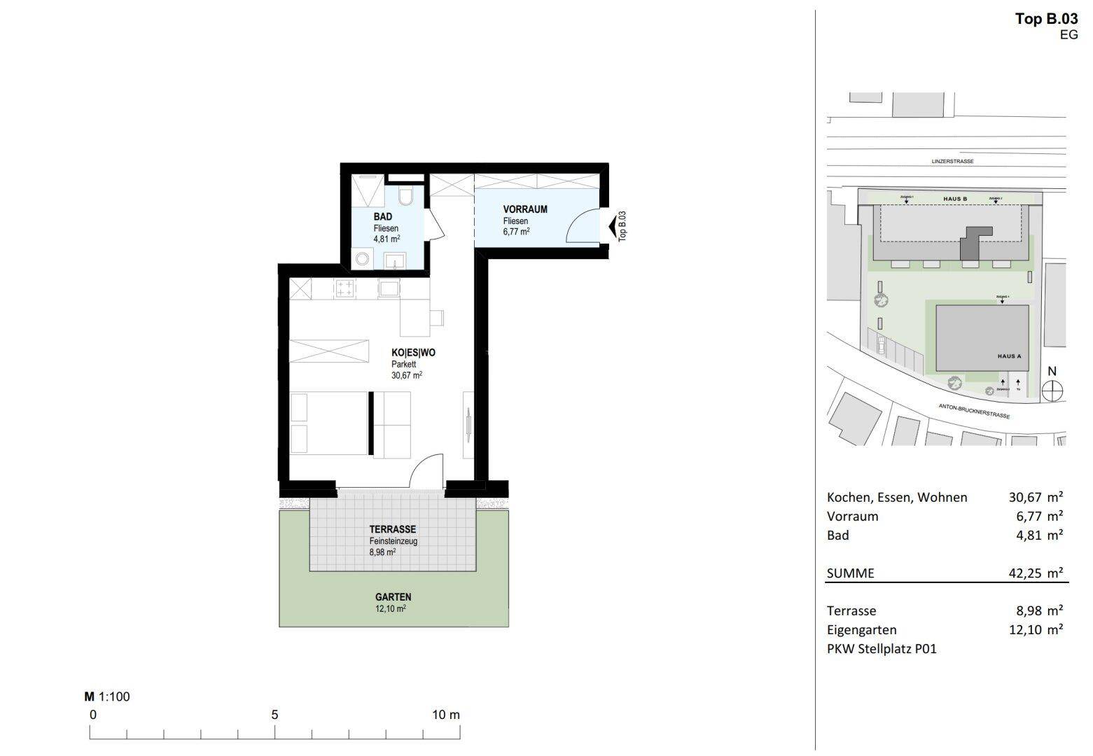 Grundriss einer Wohnung mit offener Küche, Wohnbereich, Bad, Terrasse und Garten.