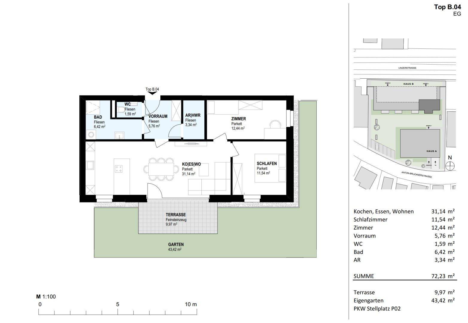 Grundriss der Wohnung Top B.04 im Erdgeschoss mit Terrasse und Gartenanteil.