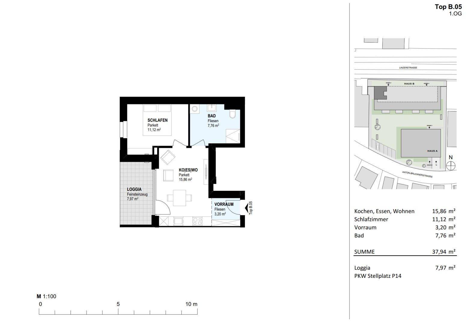 Grundriss der Wohnung Top B.05 im ersten Obergeschoss mit Loggia und Bad.