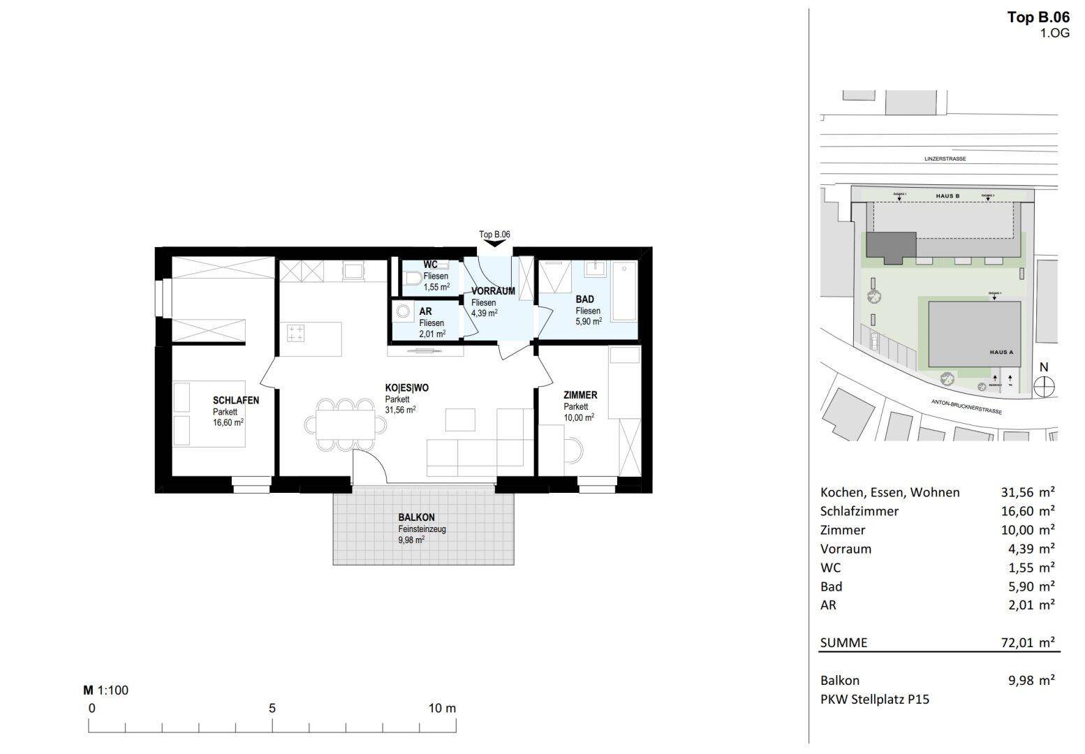 Grundriss der Wohnung Top B.06 im ersten Obergeschoss mit Balkon und offener Wohnküche.
