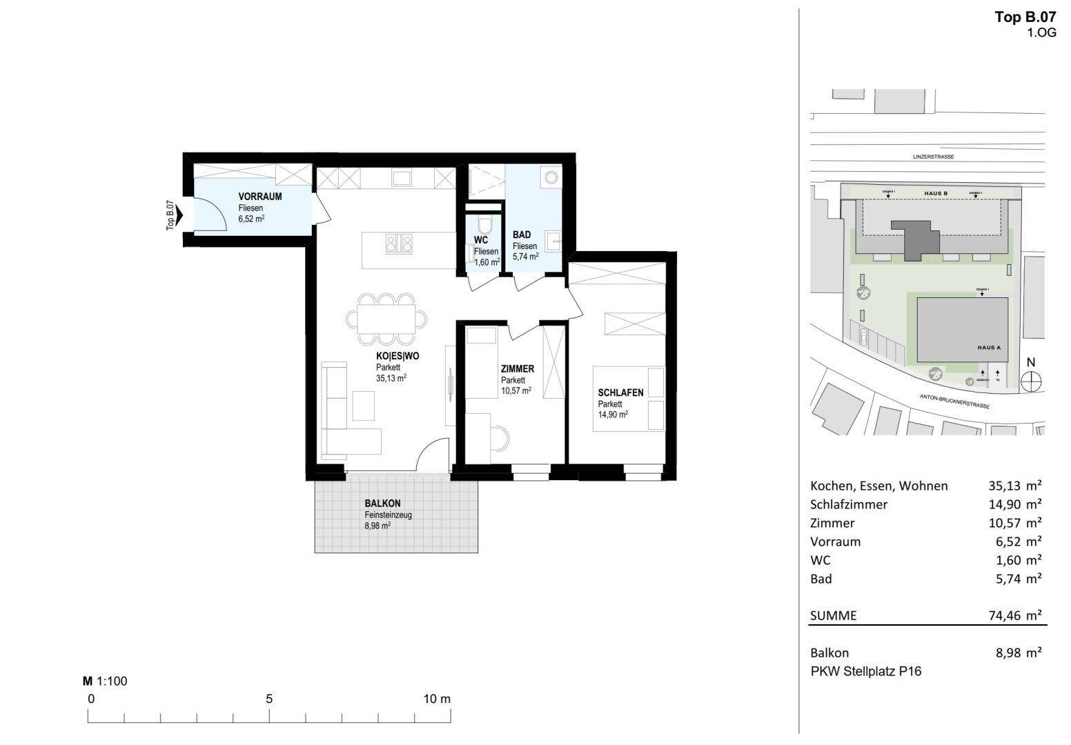Grundriss einer Wohnung mit offenem Wohnbereich, Schlafzimmer und Balkon, inklusive separatem WC.