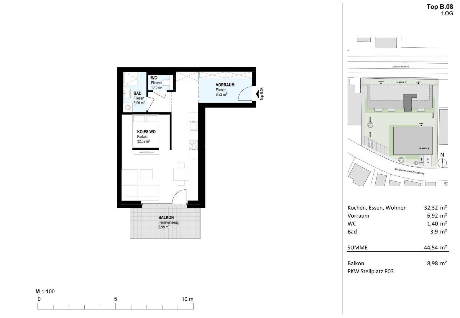 Grundriss der Wohnung Top B.08 mit offenem Wohnbereich, Bad und Balkon.