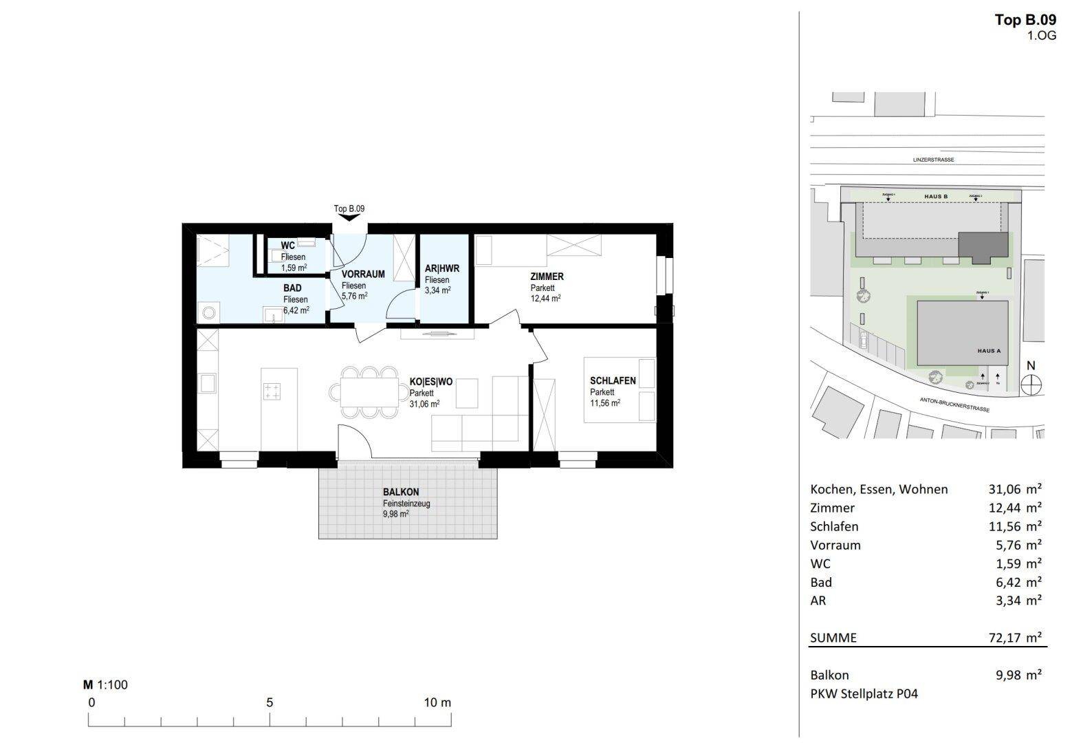 Grundriss der Wohnung B.09 im ersten Obergeschoss mit Balkon und Raumaufteilung.