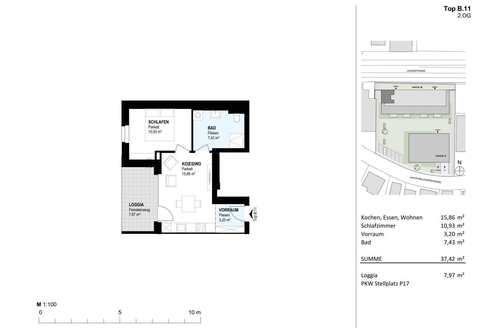 Grundriss der Wohnung B.11 im 2. Obergeschoss mit Loggia und offenem Wohn-Essbereich.