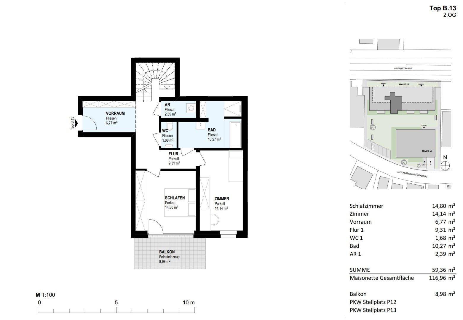 Grundriss des 2. Obergeschosses von Top B.13 mit zwei Schlafzimmern, Bad und Balkon.