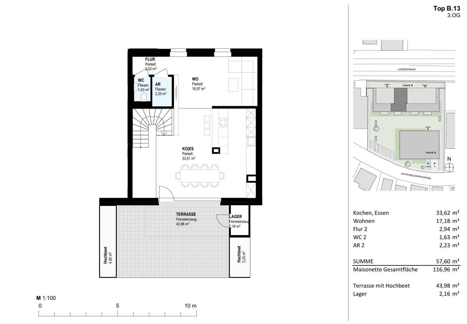 Grundriss des 3. Obergeschosses von Top B.13 mit offenem Wohnbereich, Küche und großer Terrasse.