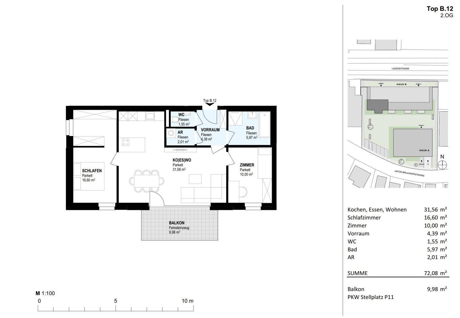 Grundriss einer Wohnung mit zwei Schlafzimmern, offenem Wohnbereich, Balkon und separatem WC.