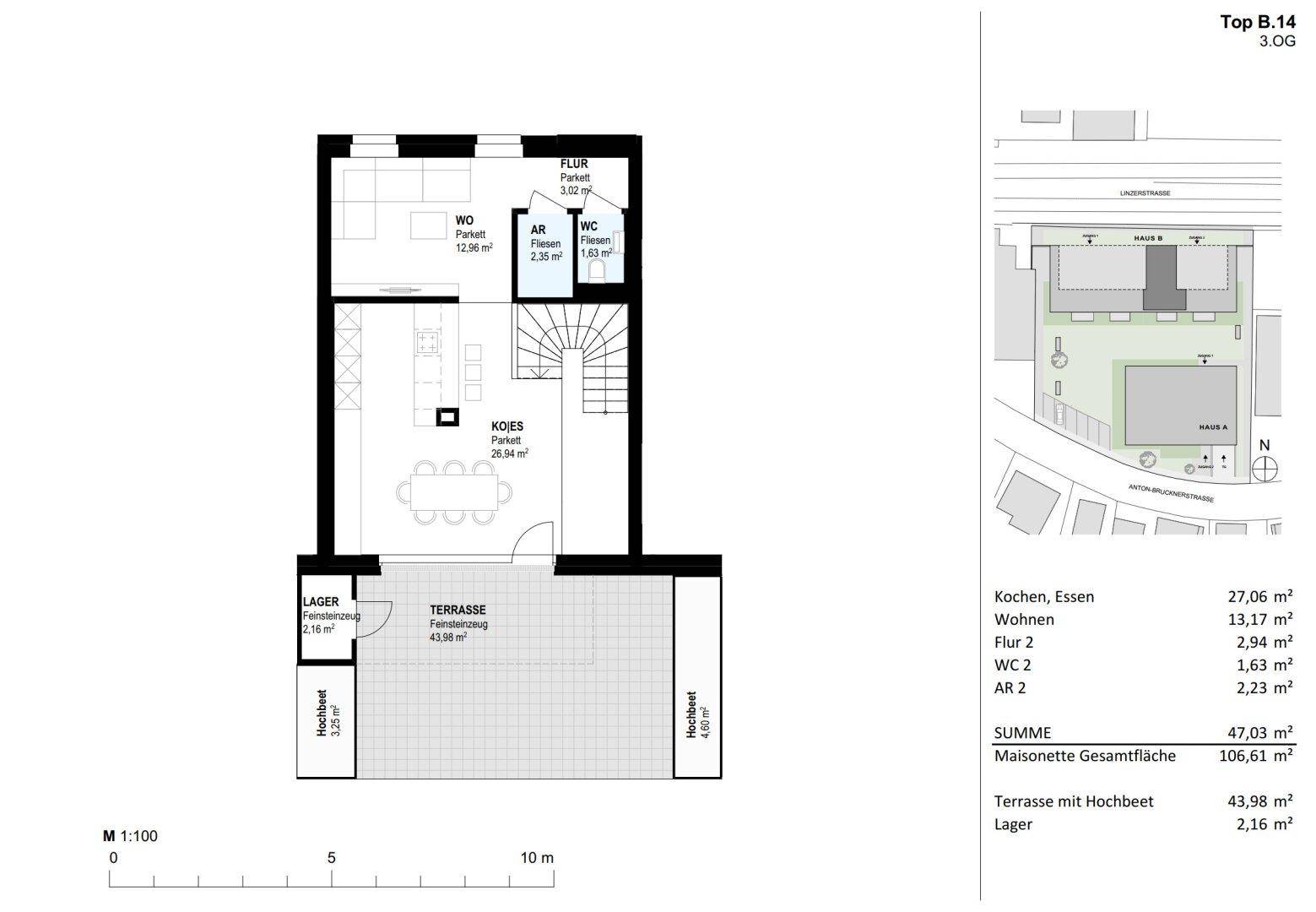 Grundriss der dritten Etage von Top B.14 mit offener Küche, Wohnbereich und großer Terrasse.