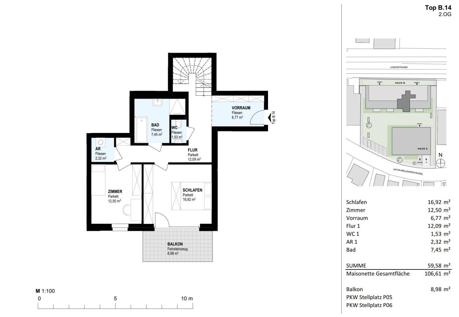 Grundriss der zweiten Etage von Top B.14 mit Schlafzimmer, Bad, WC und Balkon.