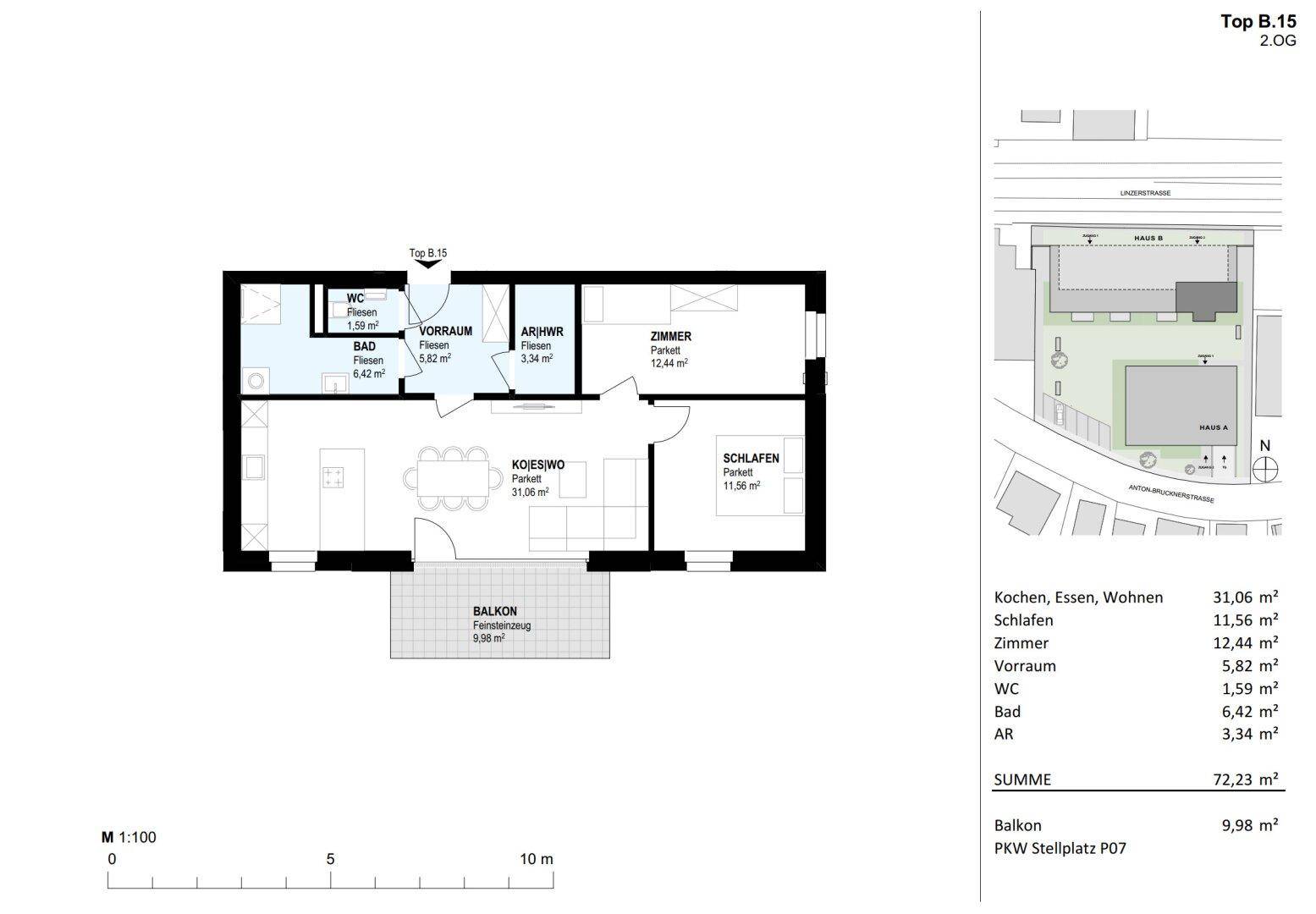 Grundriss der Wohnung B.15 mit offenem Wohnbereich, Schlafzimmer, Bad und Balkon.
