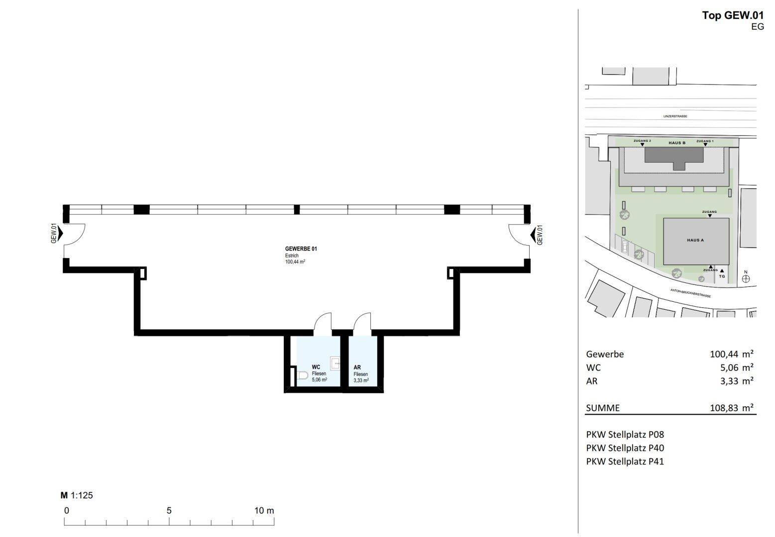 Grundriss einer Gewerbeeinheit im Erdgeschoss mit offenem Layout, separatem WC und Abstellraum.