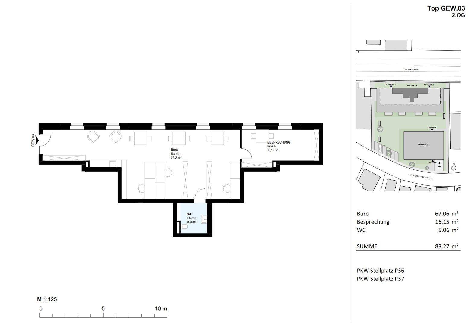 Grundriss für eine Büroeinheit im zweiten Obergeschoss mit separatem WC und Besprechungsraum.