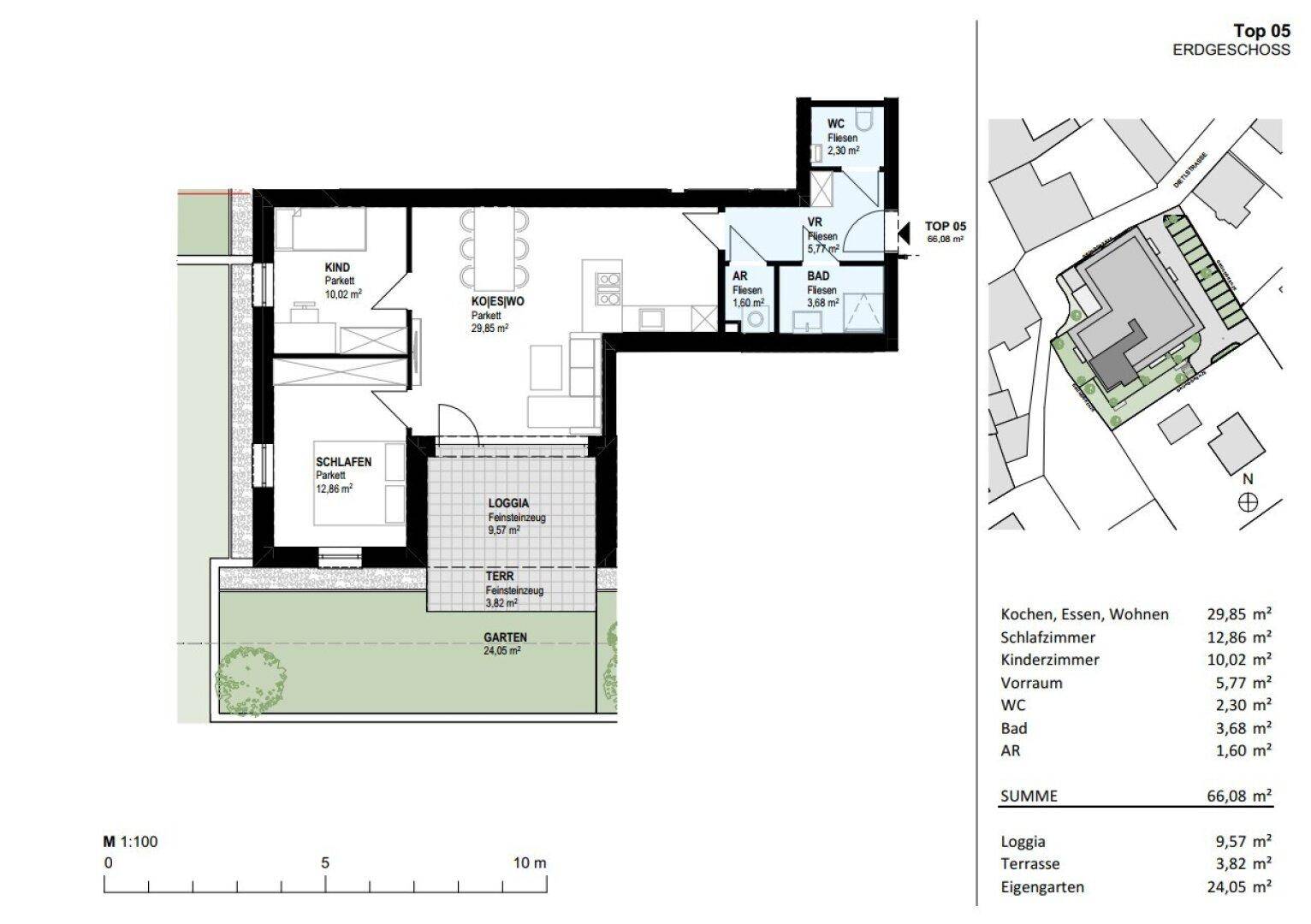Grundriss der Erdgeschosswohnung Top 05 mit Loggia, Terrasse und Garten.