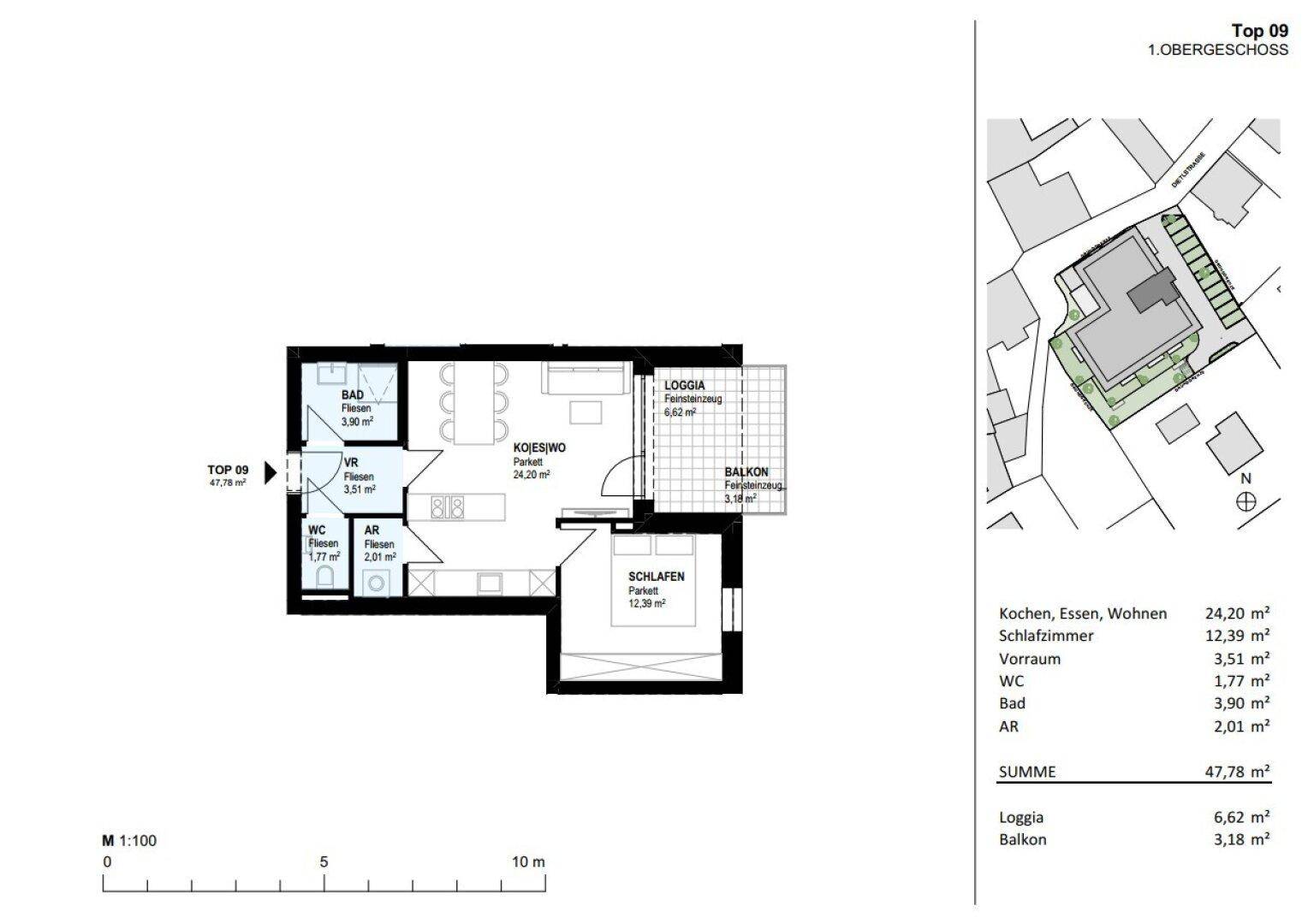 Grundriss der Wohnung Top 09 im Obergeschoss mit offenem Wohnbereich, Loggia und Balkon.