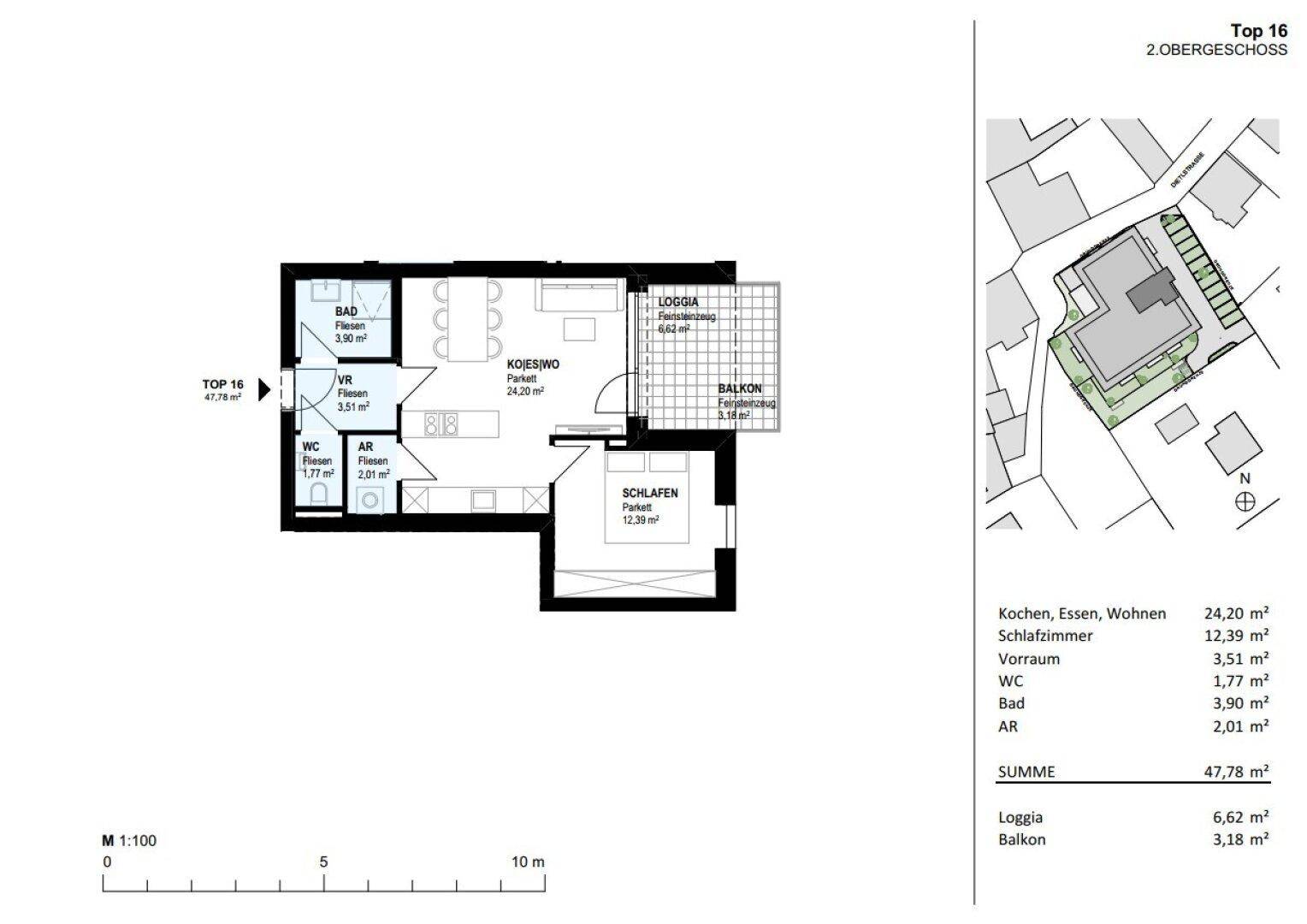 Grundriss der Wohnung Top 16 im zweiten Obergeschoss mit offenem Wohnbereich, Loggia und Balkon.