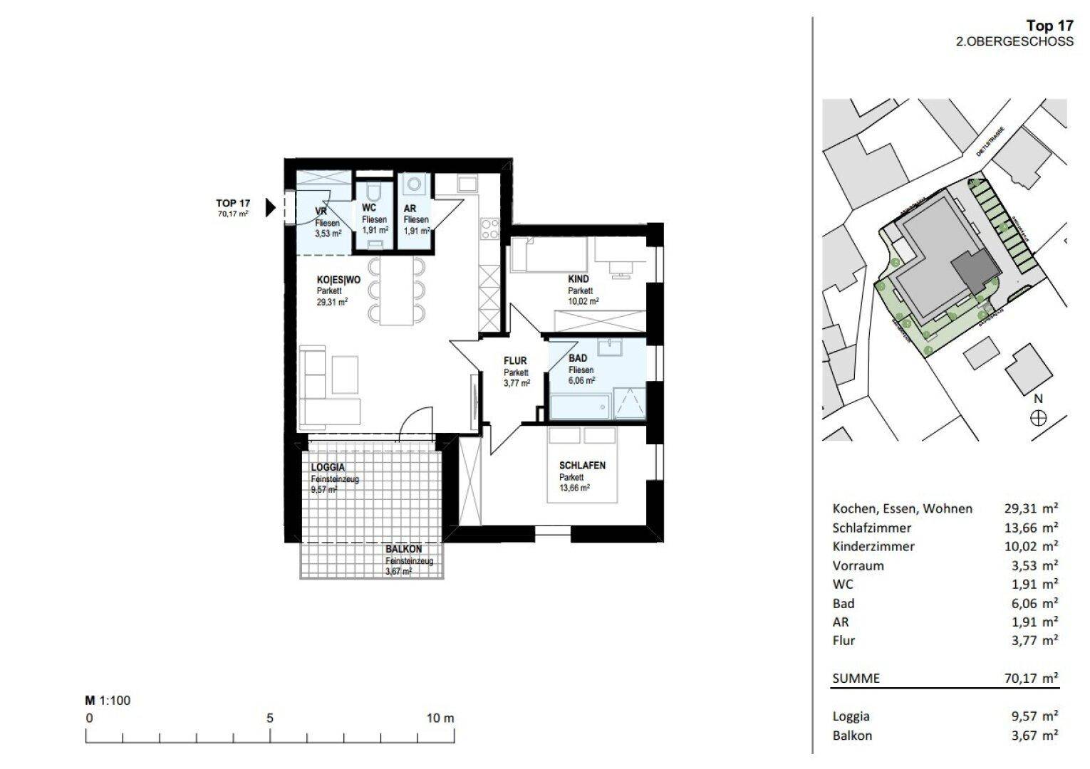 Grundriss der Wohneinheit Top 17 im 2. Obergeschoss mit Loggia und Balkon.