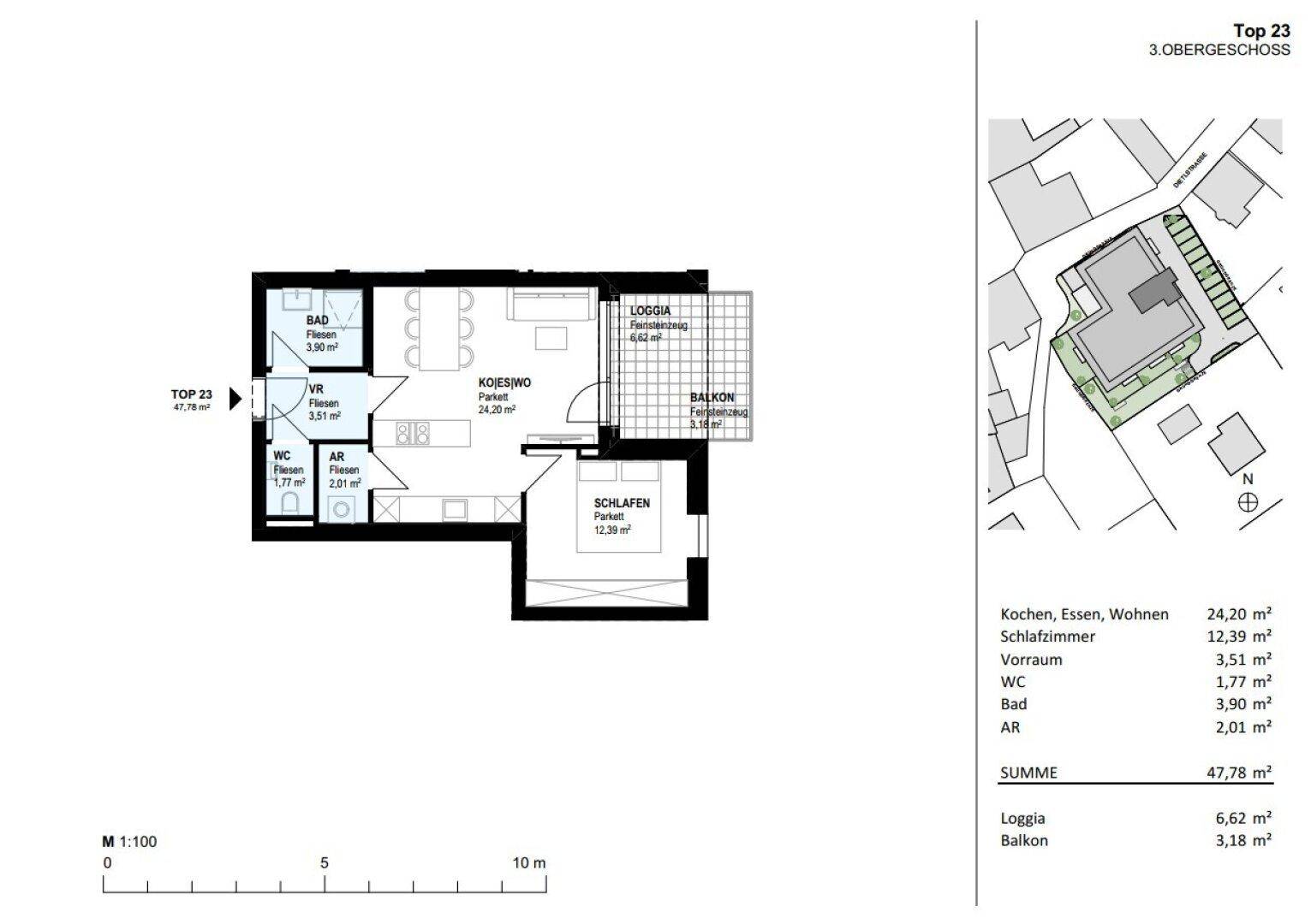 Grundriss für Top 23 im 3. Obergeschoss mit offener Wohnküche, Schlafzimmer, Bad, WC, Loggia und Balkon.