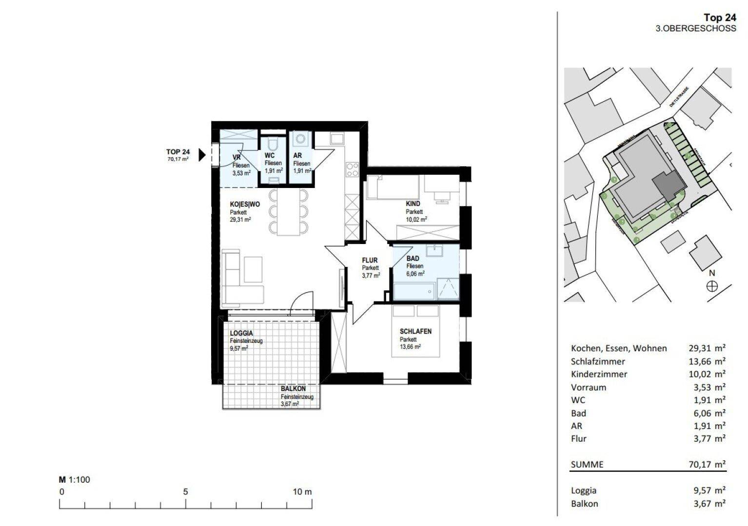 Grundriss der Wohnung Top 24 im 3. Obergeschoss mit Loggia und Balkon.