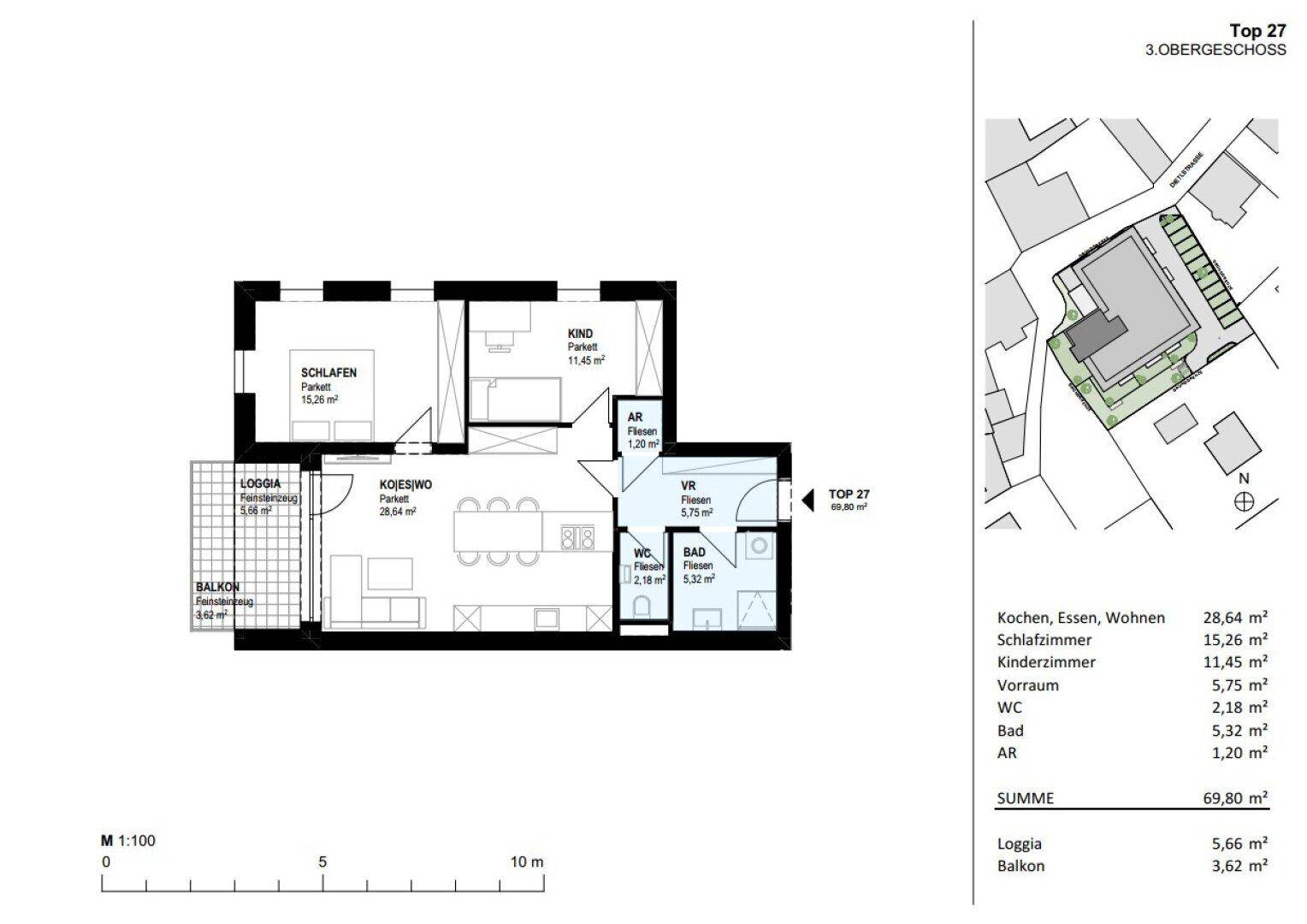 Grundriss einer Wohnung im 3. Obergeschoss mit Loggia und Balkon.