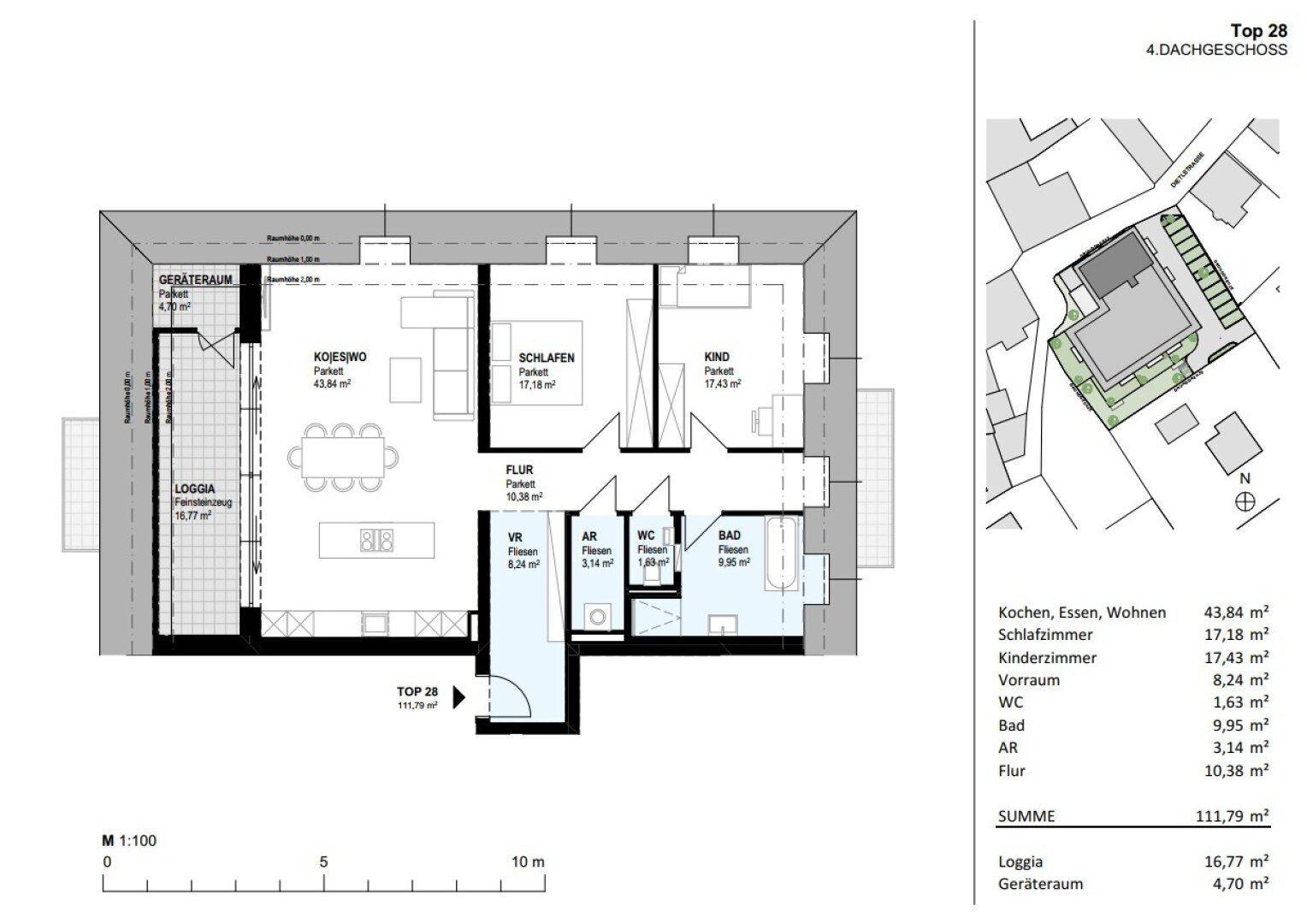 Grundriss der Wohnung Top 28 im 4. Dachgeschoss mit Loggia und Geräteraum.