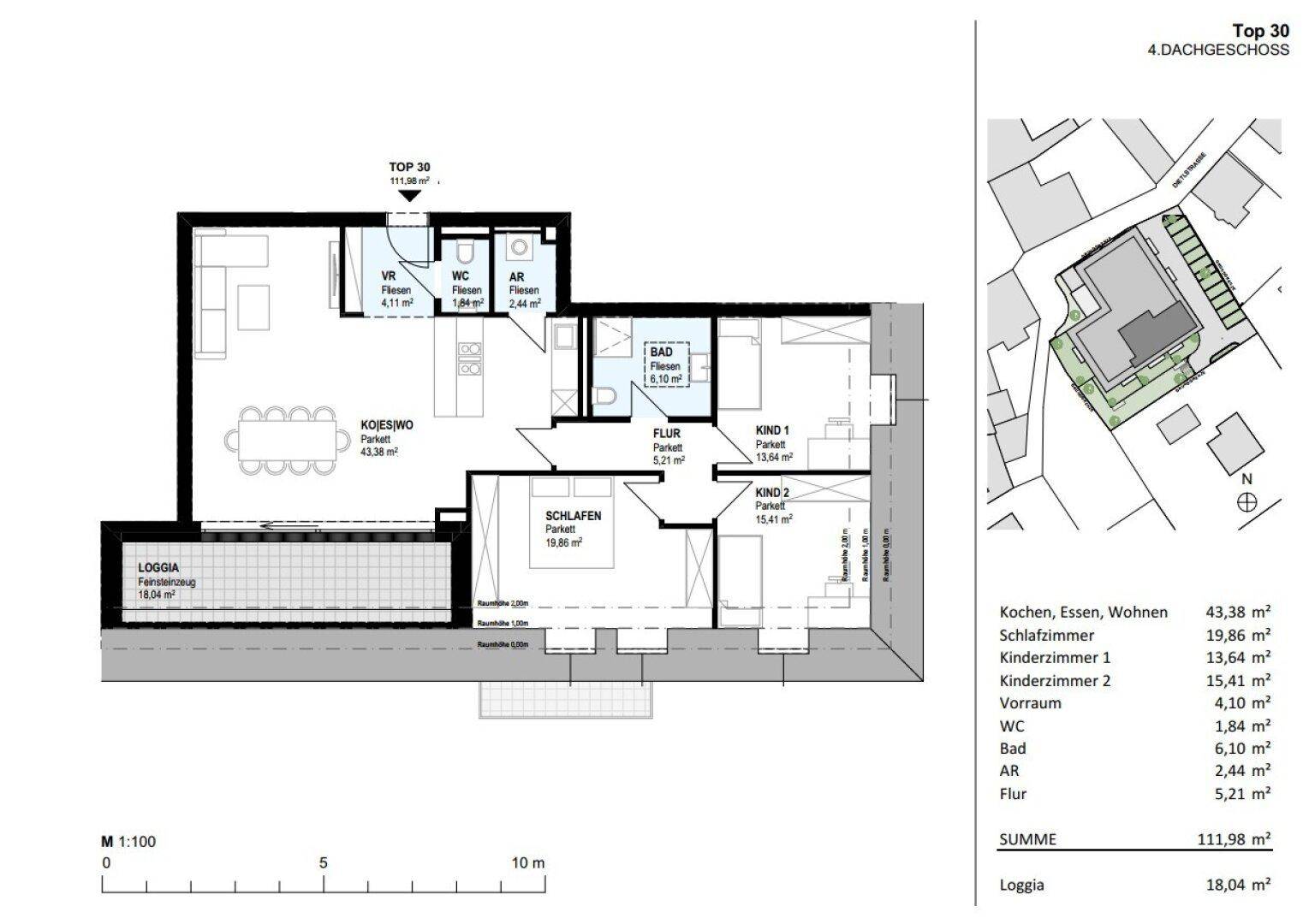 Grundriss der Dachgeschosswohnung Top 30 mit offenem Wohnbereich, Loggia und drei Schlafzimmern.