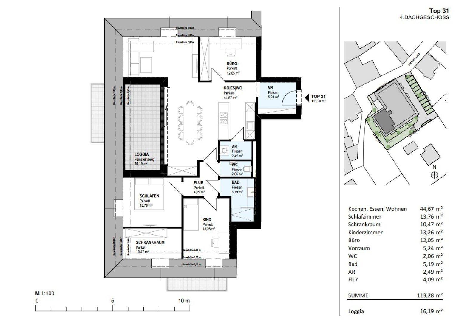 Grundriss der Wohneinheit Top 31 im 4. Dachgeschoss mit Loggia und mehreren Zimmern.