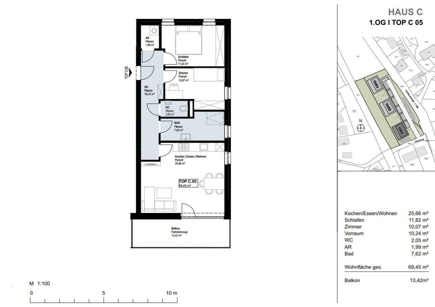 Grundriss von Haus C, Top C 05, mit Schlafzimmer, Bad, WC und offenem Wohnbereich.