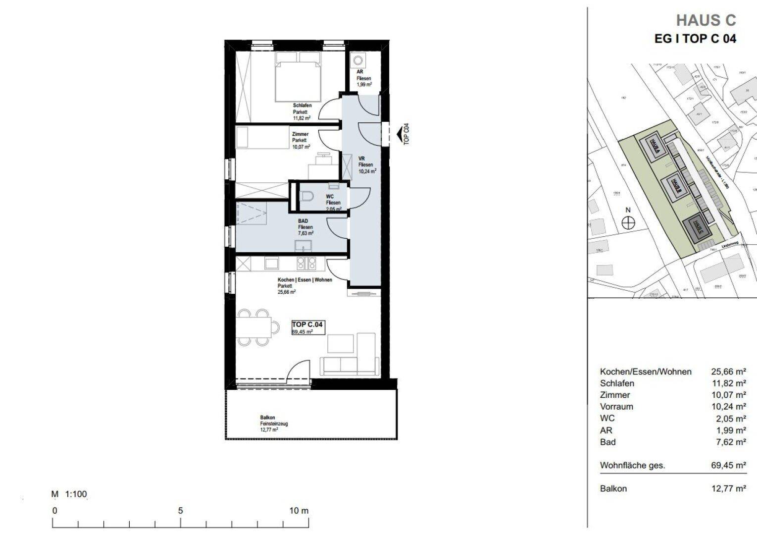 Grundriss für Top C 04 in Haus C mit Schlafzimmer, Wohnküche und Balkon.