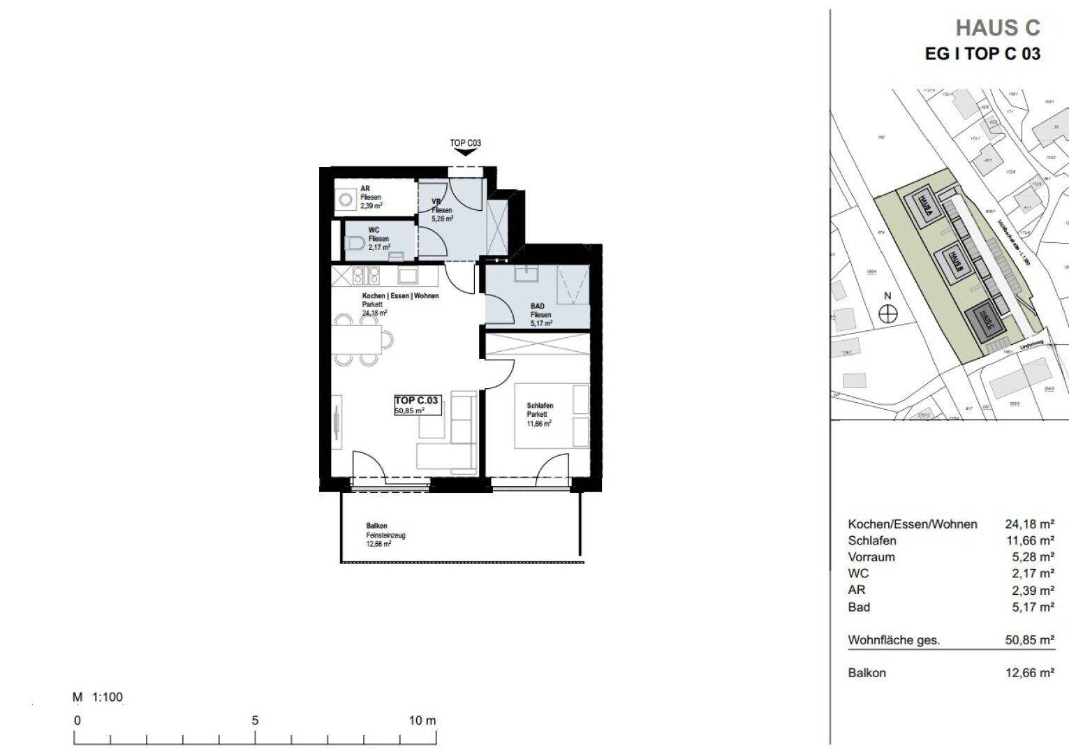 Grundriss der Wohnung C 03 im Erdgeschoss mit Balkon und offener Wohnküche.