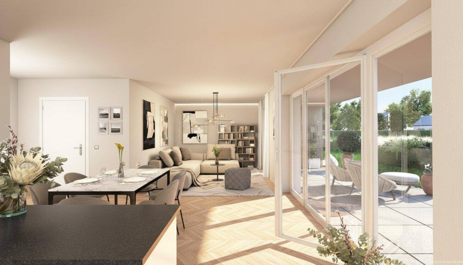 Heller, offener Wohn-Essbereich mit Parkettboden, modernen Möbeln und Terrassenzugang.
