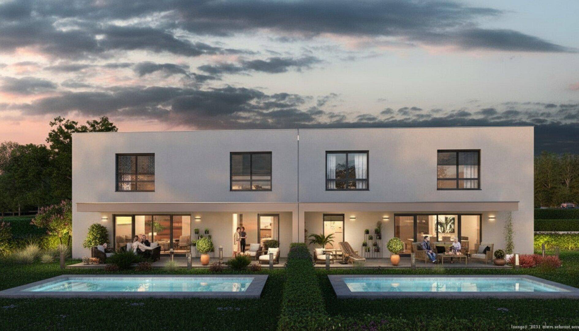 Rückansicht moderner Reihenhäuser mit privaten Pools und möblierten Terrassen.