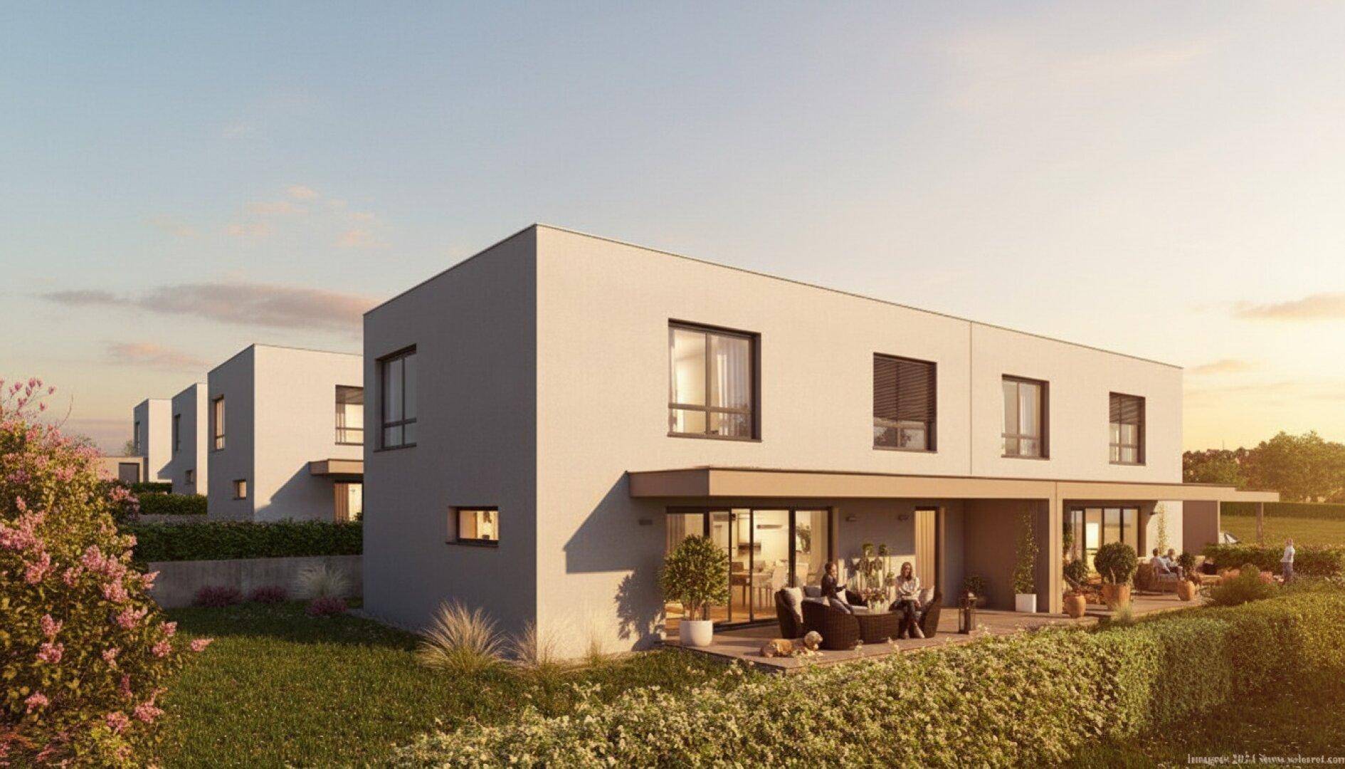 Moderne Reihenhäuser bei Sonnenuntergang mit beleuchteten Terrassen und gepflegten Gärten.