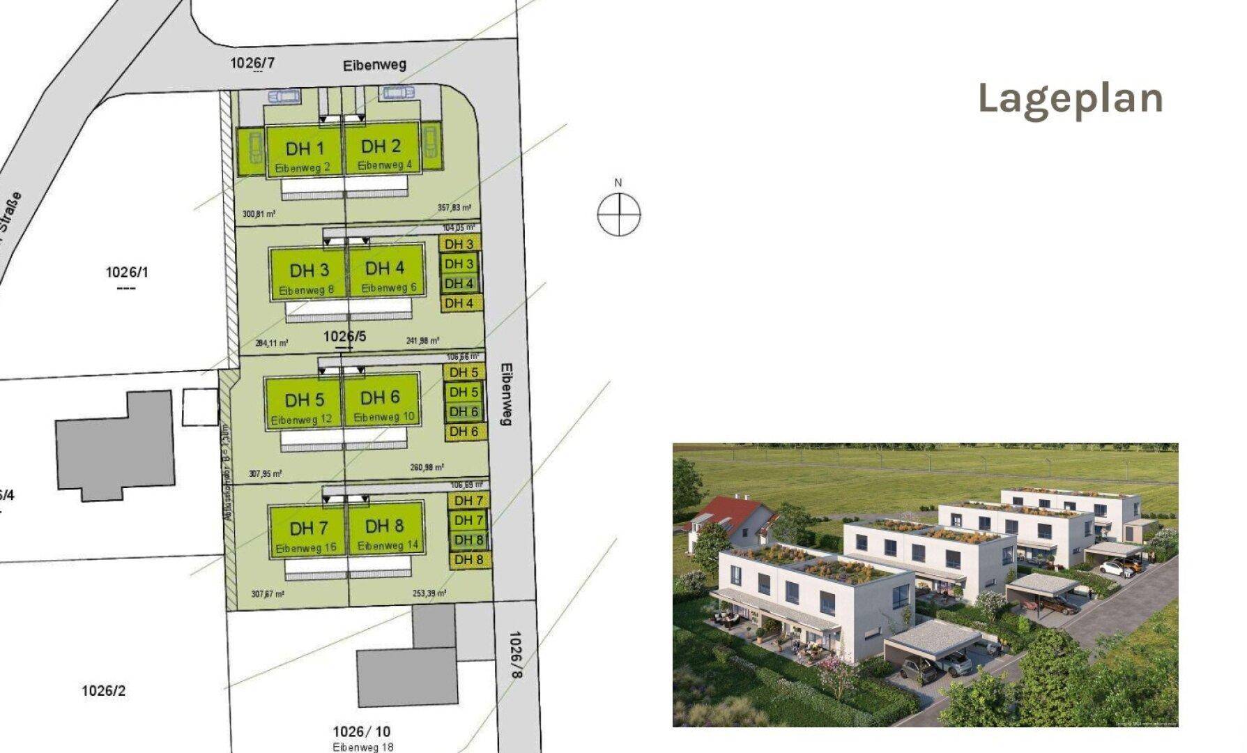 Lageplan der Wohnanlage mit acht Doppelhaushälften und einer kleinen Visualisierung der Gebäude.