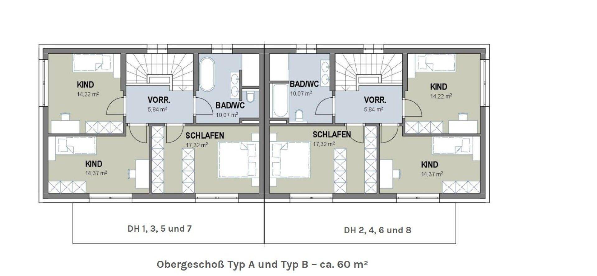 Grundriss des Obergeschosses mit Schlafzimmern, Kinderzimmern und Badezimmern.