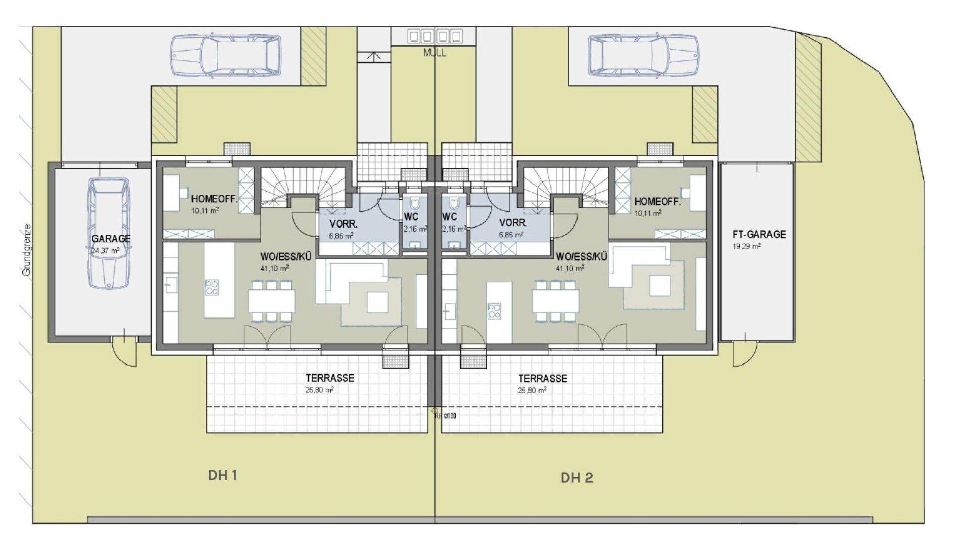 Grundriss des Erdgeschosses von zwei Doppelhaushälften mit Wohn-Essküche und Terrasse.