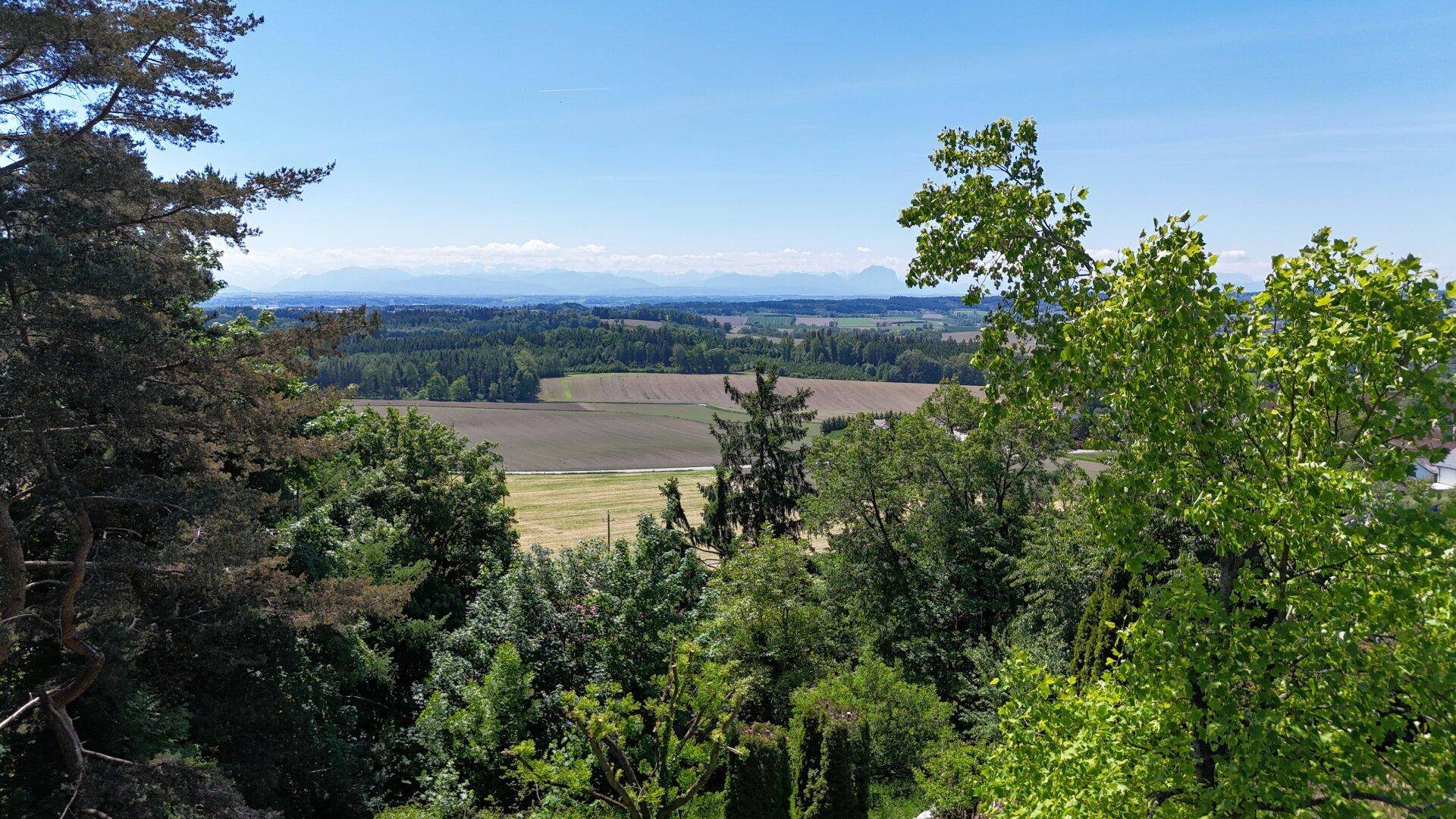 Atemberaubender Fernblick über weite Felder und Wälder bis hin zu den majestätischen Bergen am Horizont.