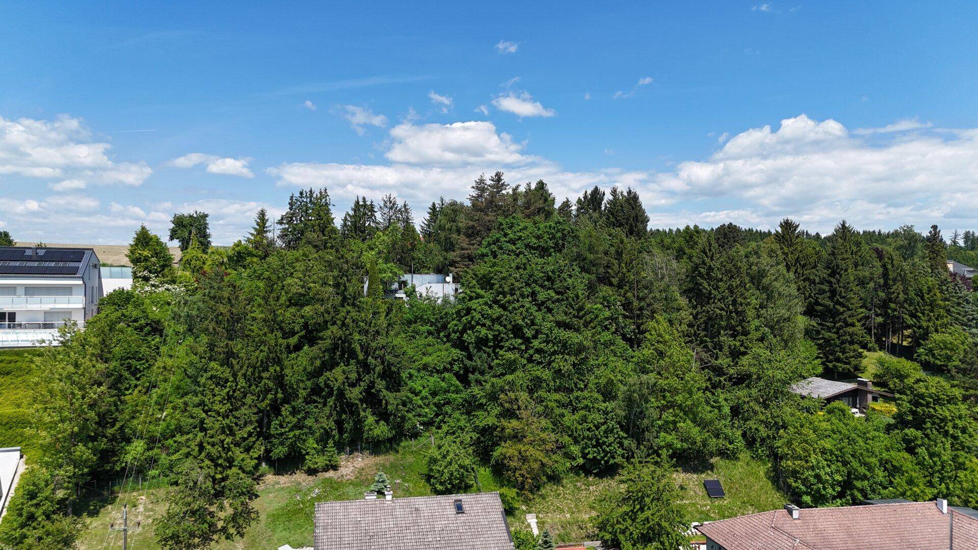 Luftaufnahme des modernen Hauses, umgeben von Bäumen und weiteren Wohnhäusern in der hügeligen Landschaft.