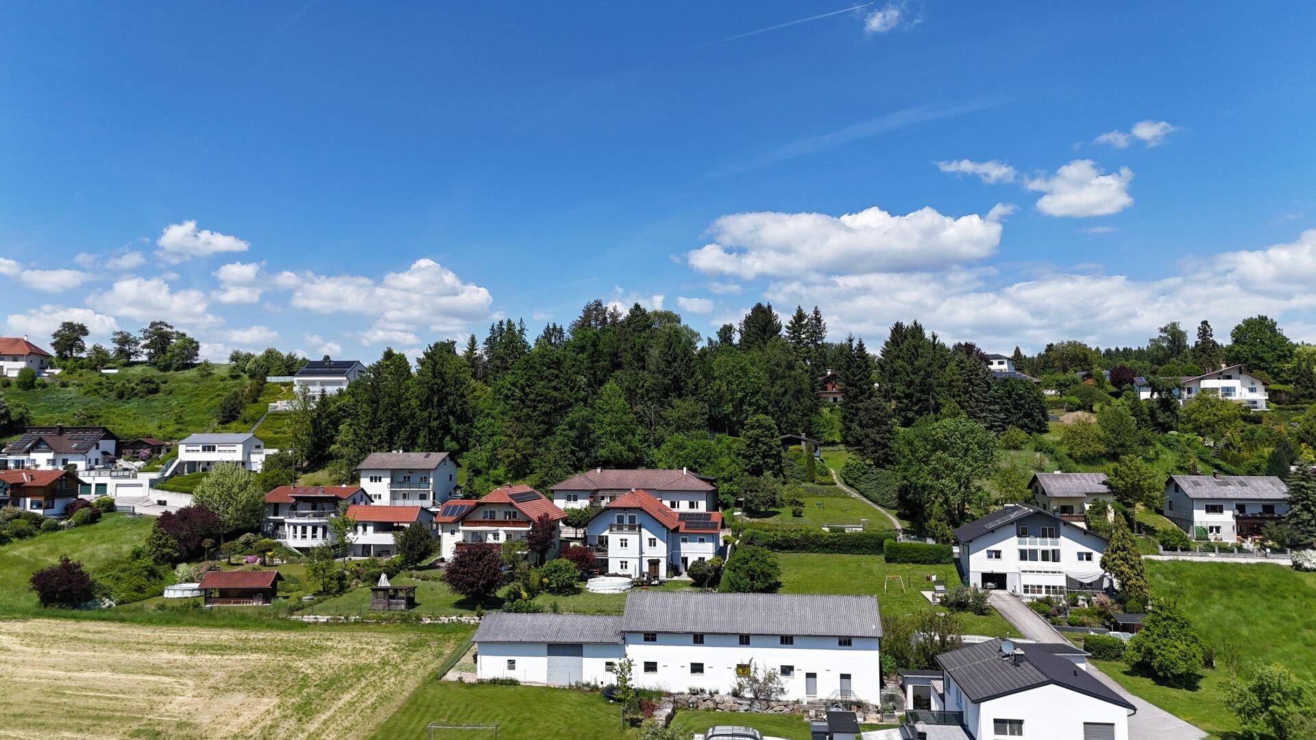 Weitläufige Ansicht einer ländlichen Wohnsiedlung mit Einfamilienhäusern und grünen Gärten unter blauem Himmel.
