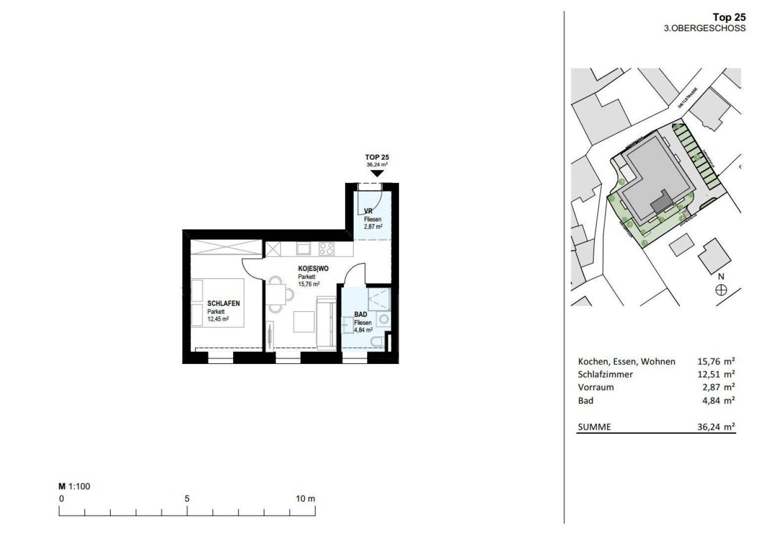 Grundrissplan für Top 25 im 3. Obergeschoss mit offener Wohnküche und Schlafzimmer.