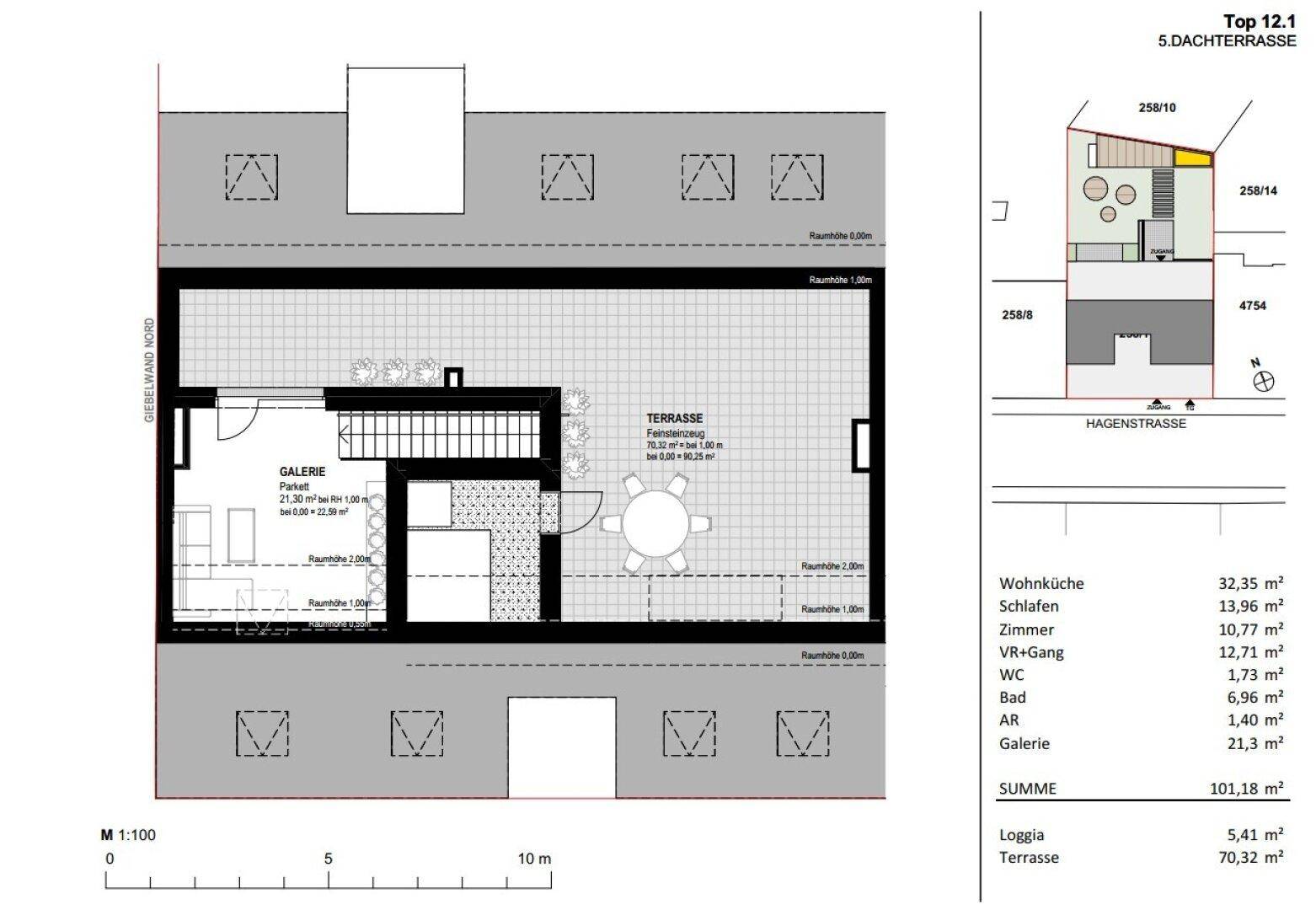 Grundriss der 5. Dachterrasse mit Galerie und großzügiger Außenfläche.