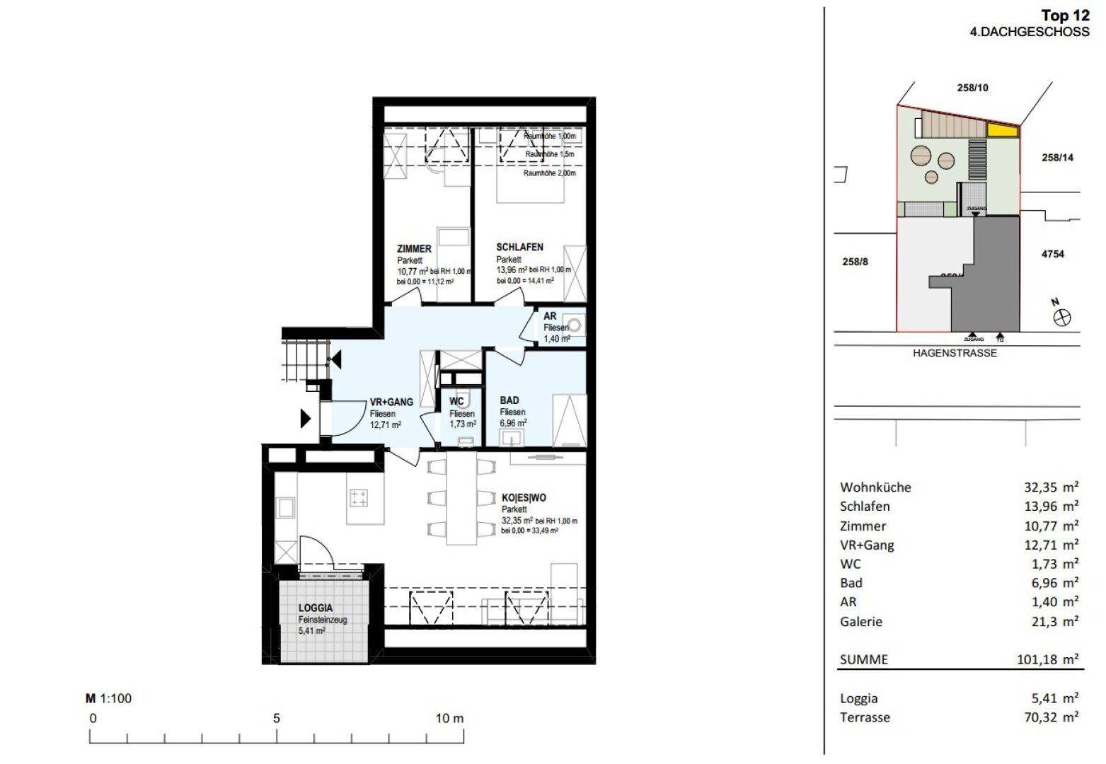 Grundriss des 4. Dachgeschosses mit Wohnküche, Schlafzimmern und Loggia.