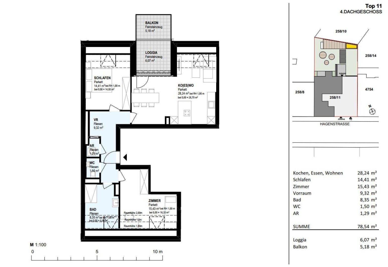 Detaillierter Grundriss einer Dachgeschosswohnung mit offenem Wohnbereich, Schlafzimmer, Bad, separatem WC, Balkon und Loggia.
