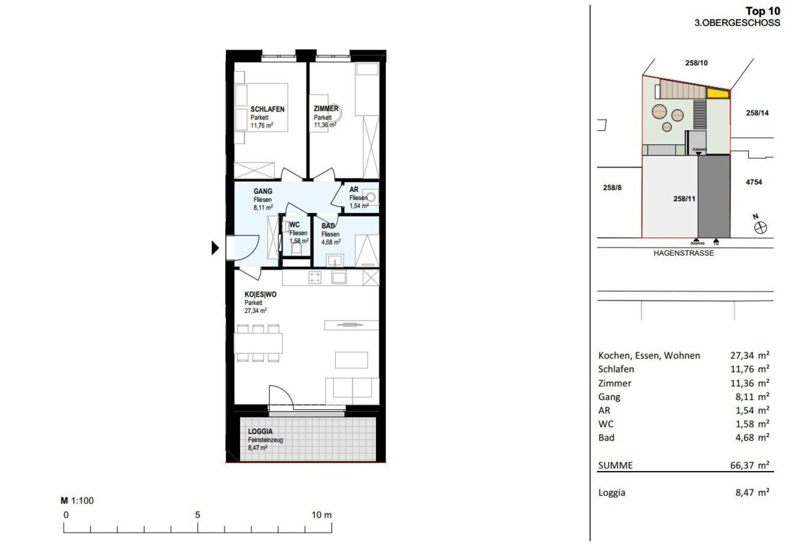 Grundriss der Wohnung im 3. Obergeschoss mit offener Wohnküche, zwei Schlafzimmern und Loggia.