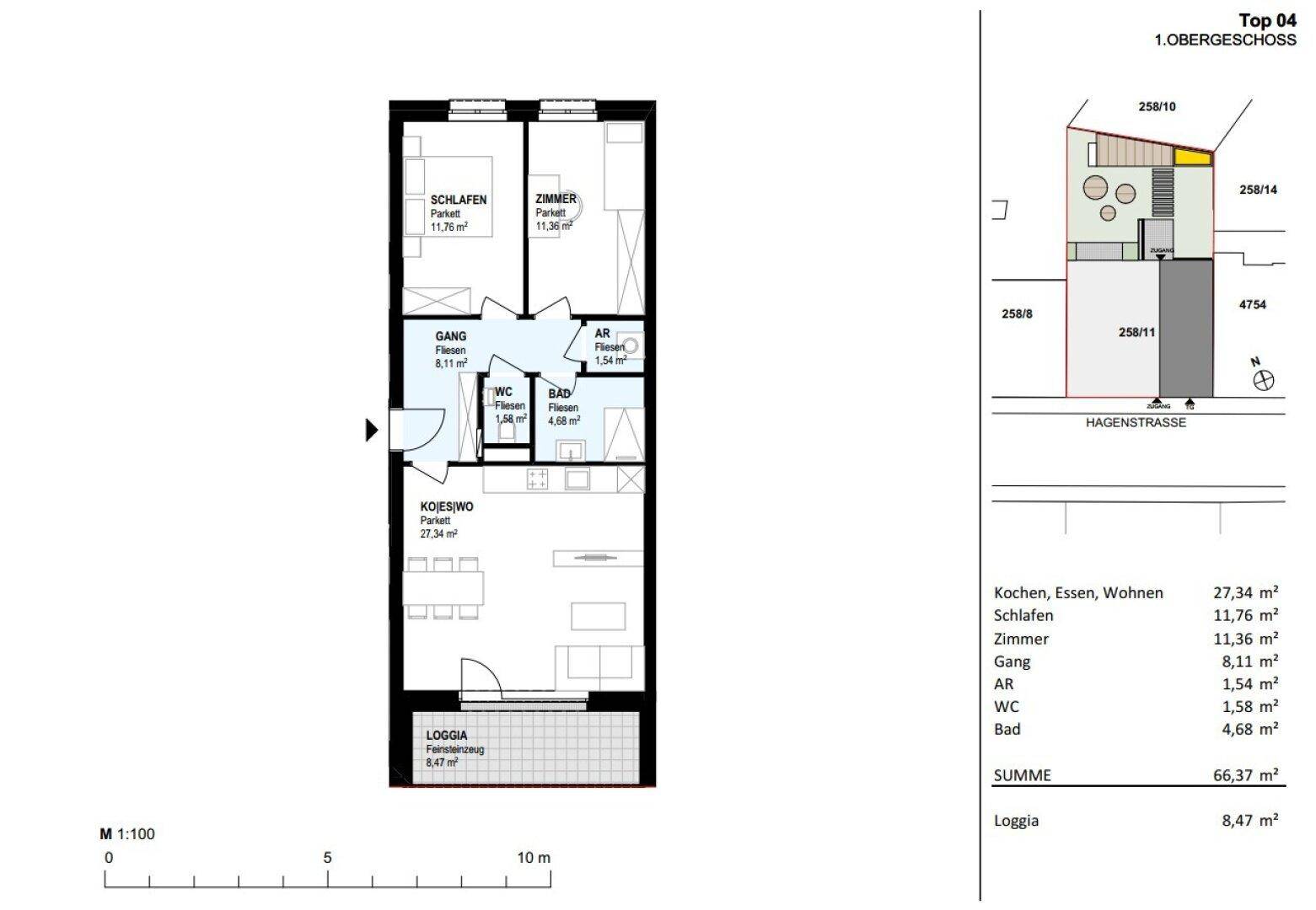 Grundriss der Wohnung Top 04 im Obergeschoss mit Loggia, zwei Schlafzimmern und offenem Wohnbereich.