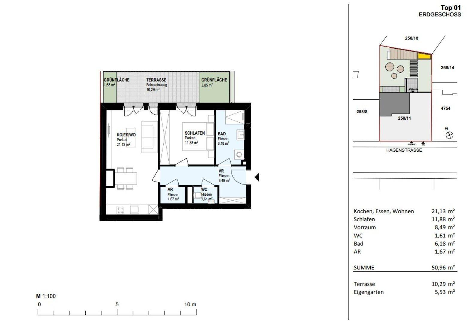 Detaillierter Grundriss einer Erdgeschosswohnung mit offenem Wohnbereich, Schlafzimmer, Bad, separatem WC und Zugang zu Terrasse und Garten.