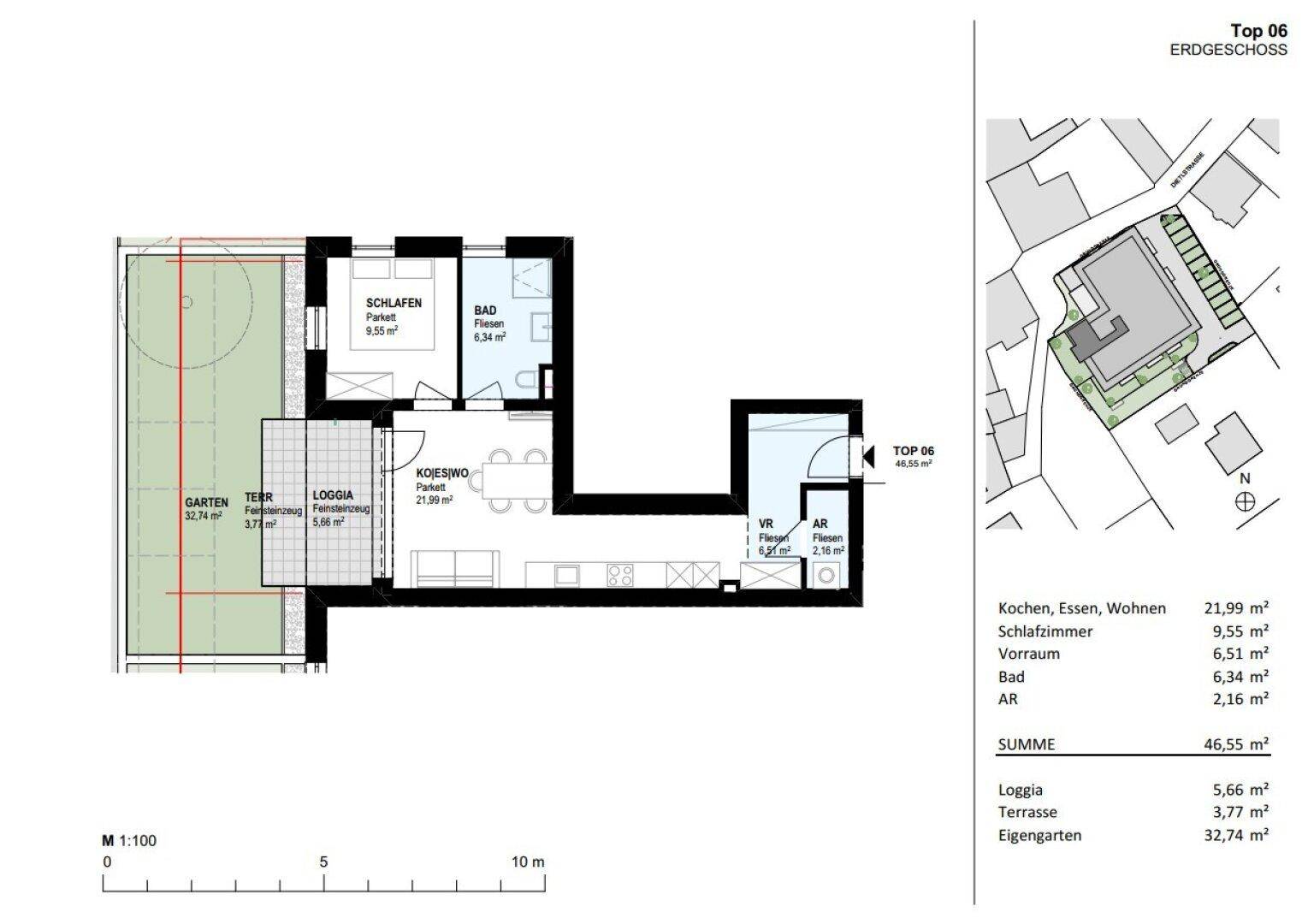 Grundriss der Erdgeschosswohnung mit Garten, Loggia und Terrasse.