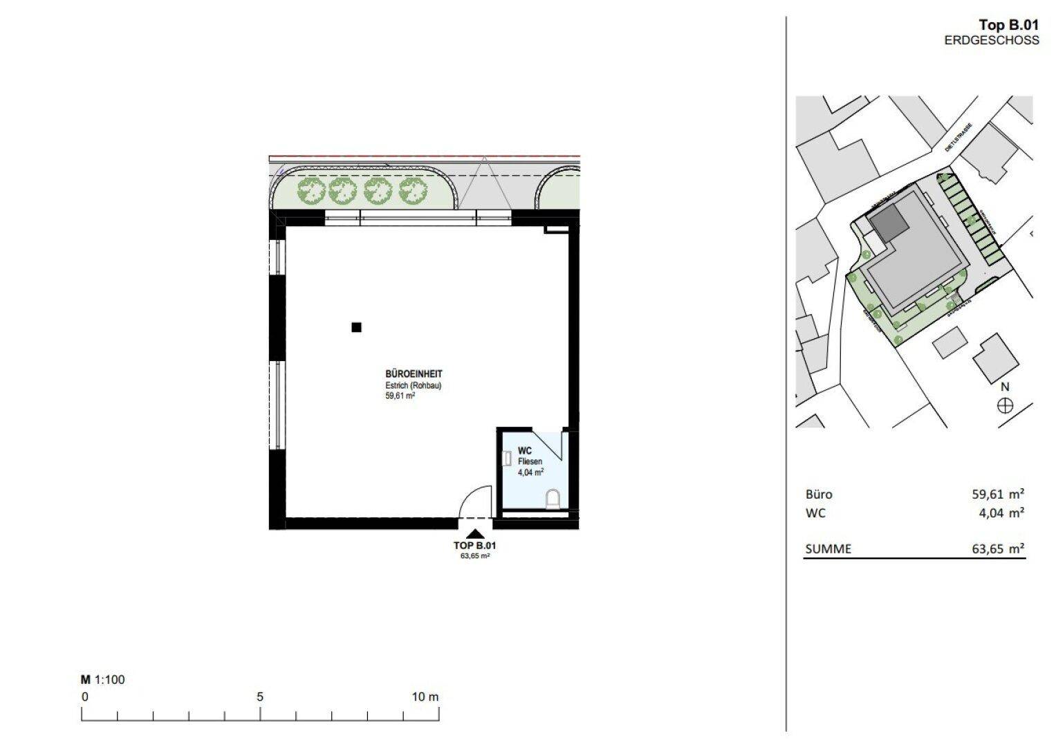 Grundriss einer Büroeinheit im Erdgeschoss mit 59,61 m² und einem separaten WC von 4,04 m².