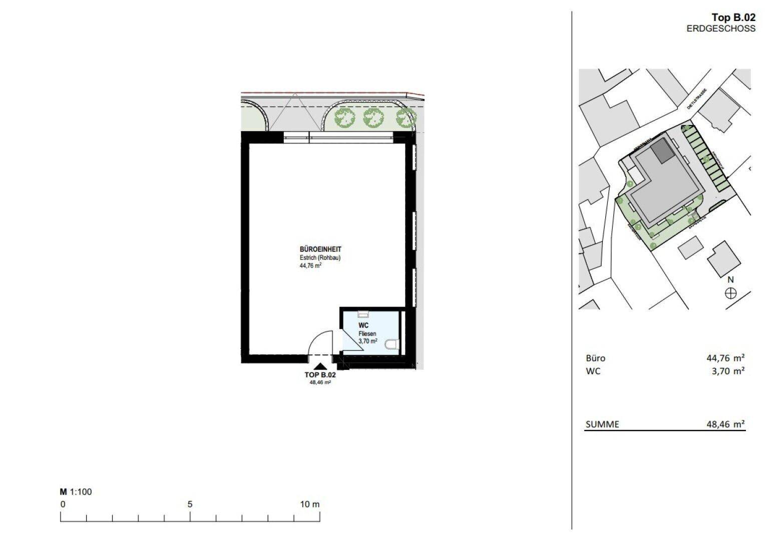 Grundriss für eine Büroeinheit im Erdgeschoss mit separatem WC und kleinem Außenbereich.
